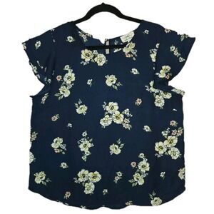 Twine & String Navy Blue Floral Blouse Women's Size XL Flutter Sleeve Top